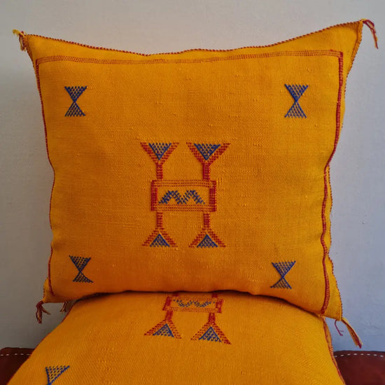 Set of 2 Deep Mustard Sabra Silk Pillows – Minimalist Moroccan Cushion Covers - Berber Handcrafts