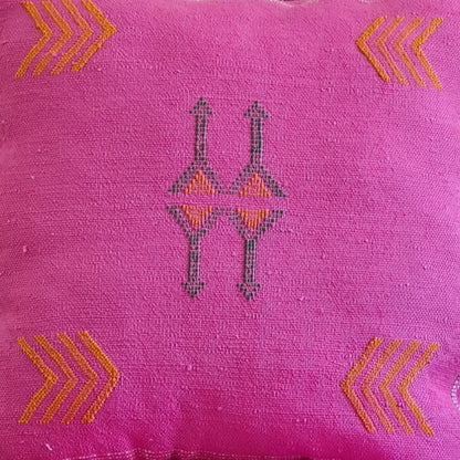 Set of 2 Fuchsia Pink Sabra Silk Pillows – Playful Moroccan Cushions with Yellow Arrows - Berber Handcrafts
