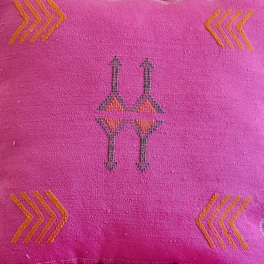 Set of 2 Fuchsia Pink Sabra Silk Pillows – Playful Moroccan Cushions with Yellow Arrows