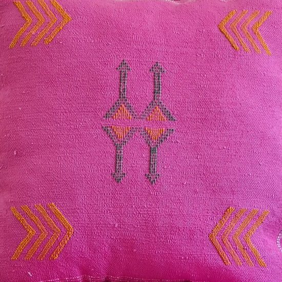 Set of 2 Fuchsia Pink Sabra Silk Pillows – Playful Moroccan Cushions with Yellow Arrows - Berber Handcrafts