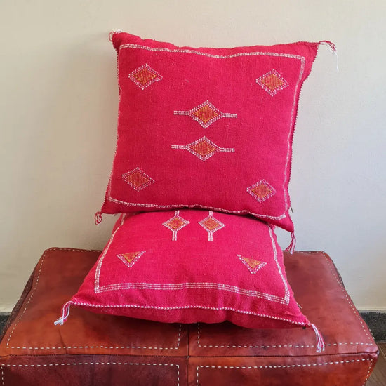 Set of 2 Red Sabra Silk Pillows – Bold Moroccan Cushions with Geometric Motifs - Berber Handcrafts