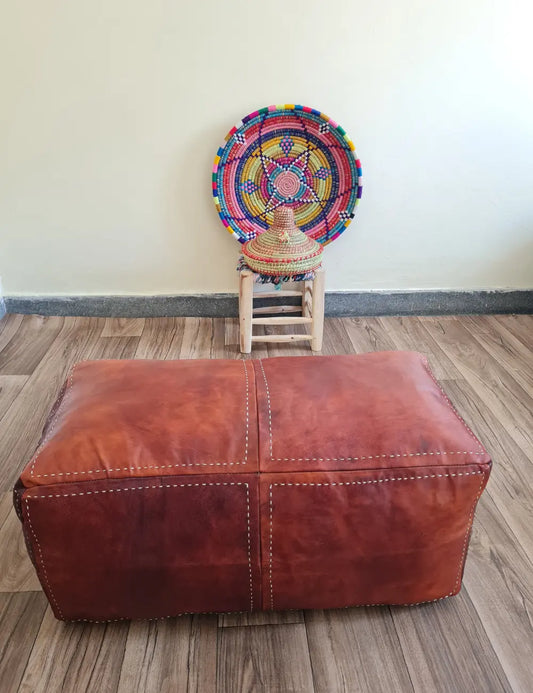 Rectangular Brown Moroccan Leather Pouf – Lounge Ottoman Bench