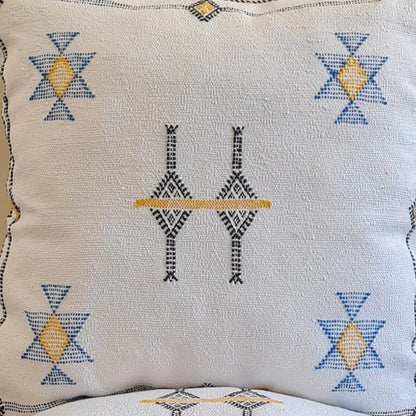 Set of 2 White Sabra Silk Pillows – Clean Moroccan Style with Yellow and Blue Symbols - Berber Handcrafts