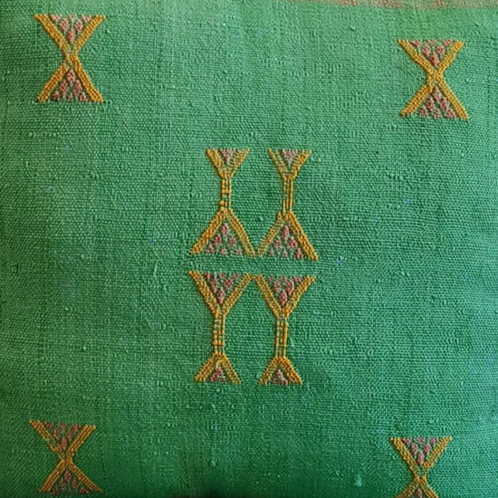 Set of 2 Green Sabra Silk Pillows – Refreshing Moroccan Cushions with Yellow Details - Berber Handcrafts