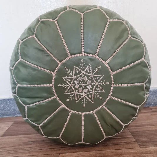 Olive Green Moroccan Leather Pouf – Nature-Inspired Decor