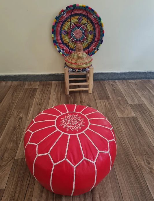 Red Moroccan Leather Pouf – Bold & Traditional Design
