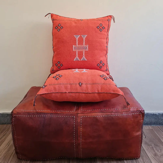 Set of 2 Orange Sabra Silk Pillows – Handmade Moroccan Covers with White Berber Embroidery - Berber Handcrafts