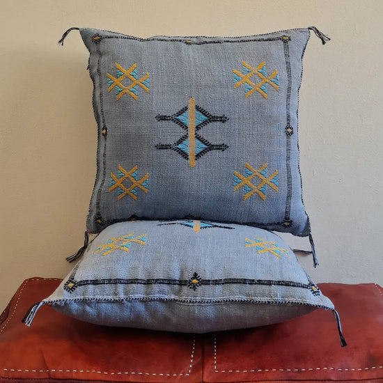 Set of 2 Grey-Blue Sabra Silk Pillows – Cool Moroccan Touch with Yellow and Black Embroidery - Berber Handcrafts