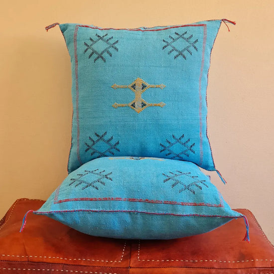 Set of 2 Turquoise Sabra Silk Pillows – Moroccan Handwoven Cushions with Blue Stitch Detailing - Berber Handcrafts
