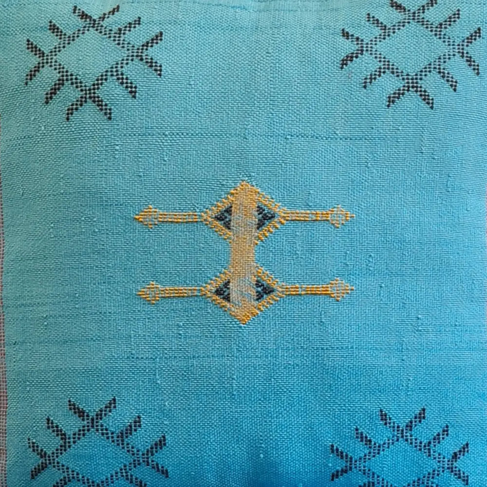 Set of 2 Turquoise Sabra Silk Pillows – Moroccan Handwoven Cushions with Blue Stitch Detailing - Berber Handcrafts