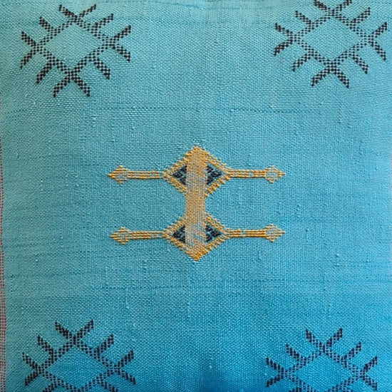 Set of 2 Turquoise Sabra Silk Pillows – Moroccan Handwoven Cushions with Blue Stitch Detailing - Berber Handcrafts