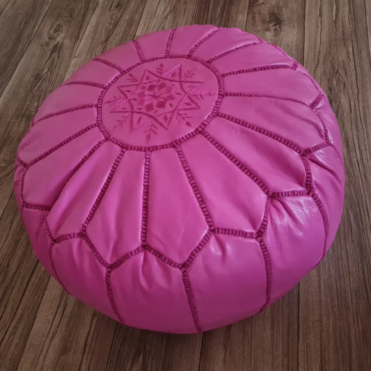 Pink Moroccan Leather Pouf – Feminine Boho Ottoman
