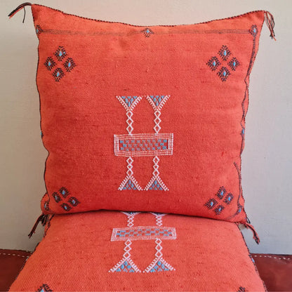 Set of 2 Orange Sabra Silk Pillows – Handmade Moroccan Covers with White Berber Embroidery - Berber Handcrafts