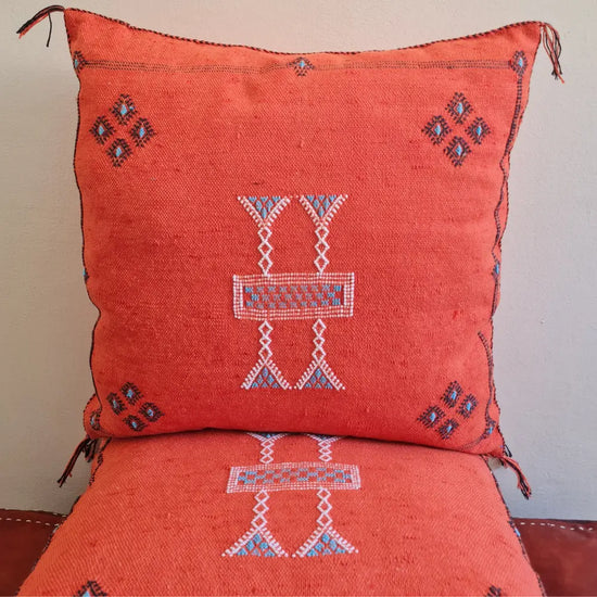 Set of 2 Orange Sabra Silk Pillows – Handmade Moroccan Covers with White Berber Embroidery - Berber Handcrafts