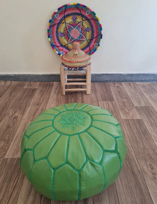 Green Moroccan Leather Pouf – Fresh & Vibrant Look