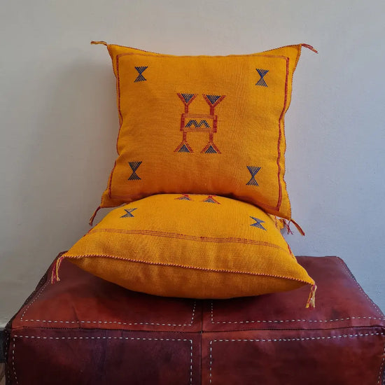 Set of 2 Deep Mustard Sabra Silk Pillows – Minimalist Moroccan Cushion Covers - Berber Handcrafts