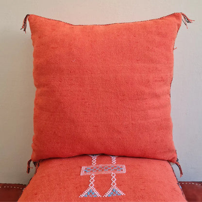 Set of 2 Orange Sabra Silk Pillows – Handmade Moroccan Covers with White Berber Embroidery - Berber Handcrafts