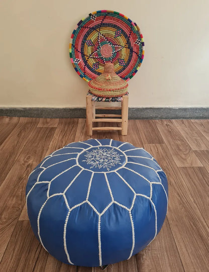 Blue Moroccan Leather Pouf – Navy Elegance with White Embroidery
