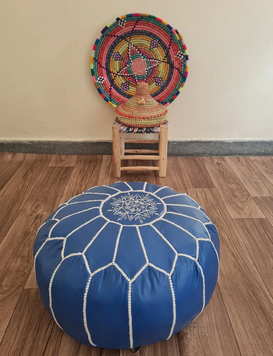 Blue Moroccan Leather Pouf – Navy Elegance with White Embroidery