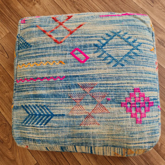 Moroccan Pouf – Light Blue with Traditional Accents