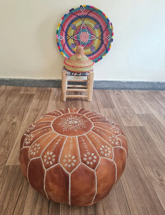 Burnt Orange Moroccan Leather Pouf – Floral Embroidery Accent