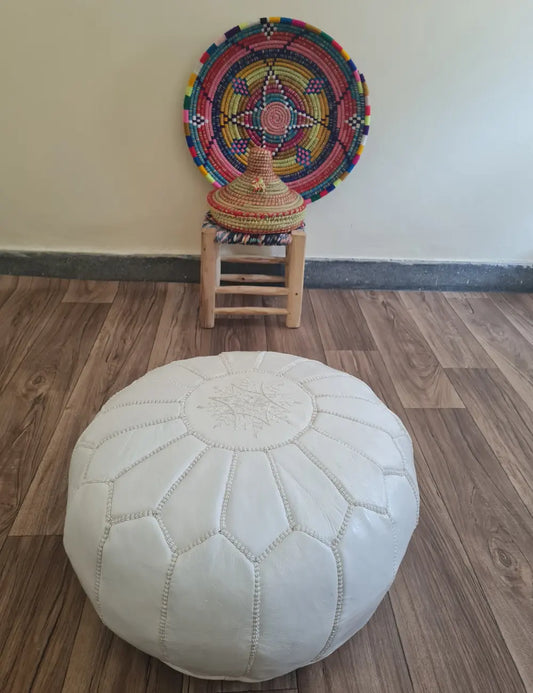 White Moroccan Leather Pouf – Clean and Elegant Look