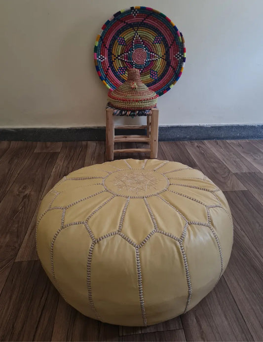 Beige Moroccan Leather Pouf – Elegant Simplicity with White Stitching