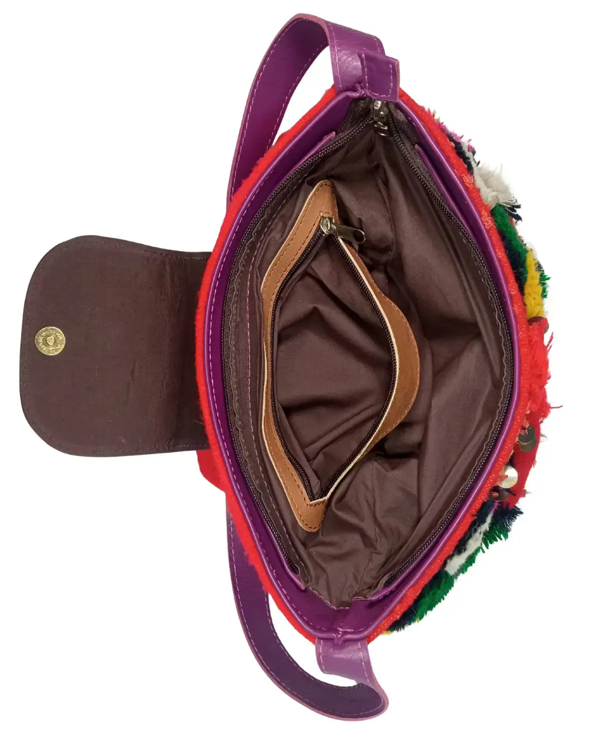 Colorful handbag with a textured surface and visible brand logo on a white background