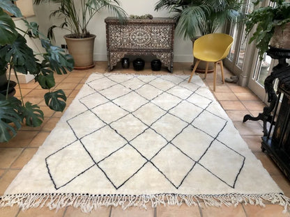 Neutral Beni Ourain Rug – Handmade Wool Moroccan Carpet with Black Diamonds– Custom Size - Berber Handcrafts