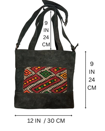 Black Suede Kilim Tote Bag, Handmade Artisan Shoulder Purse- Genuine Leather