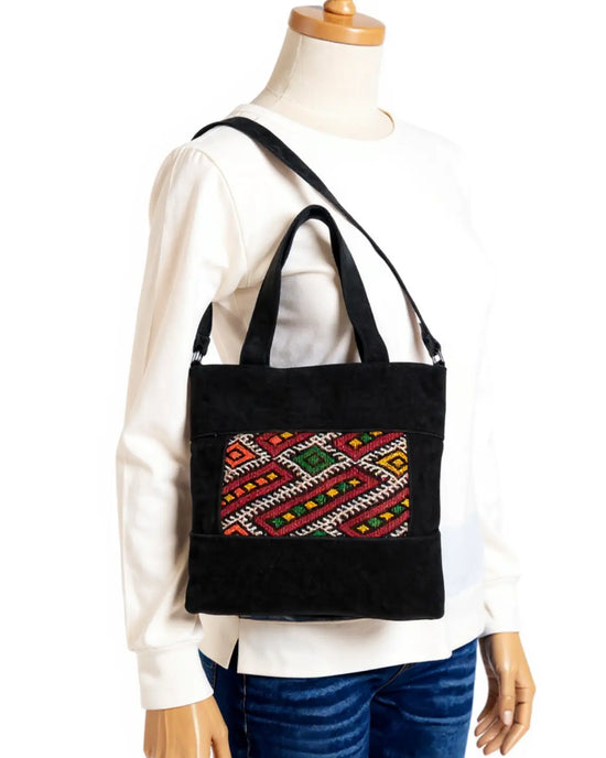 Black Suede Tote, Kilim Bag, Shoulder Bag, Work Tote, Genuine Leather, Suede Purse, Woven Wool (1)