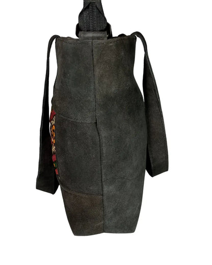 Black Suede Kilim Tote Bag, Handmade Artisan Shoulder Purse- Genuine Leather