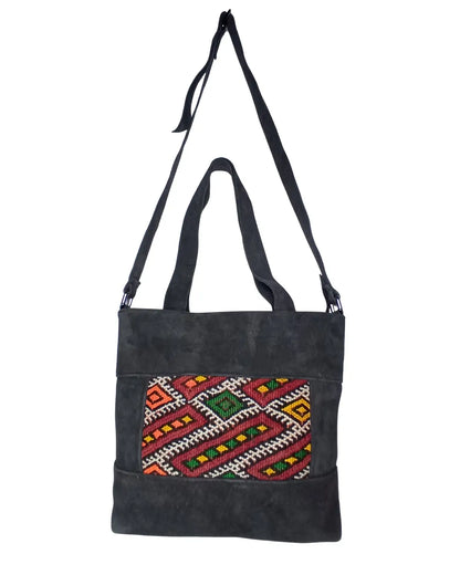 Black Suede Kilim Tote Bag, Handmade Artisan Shoulder Purse- Genuine Leather