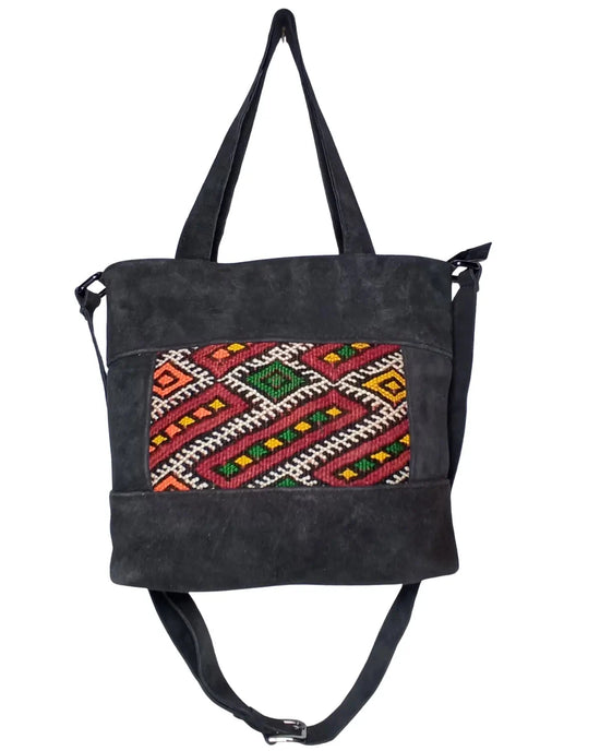 Black Suede Kilim Tote Bag, Handmade Artisan Shoulder Purse- Genuine Leather