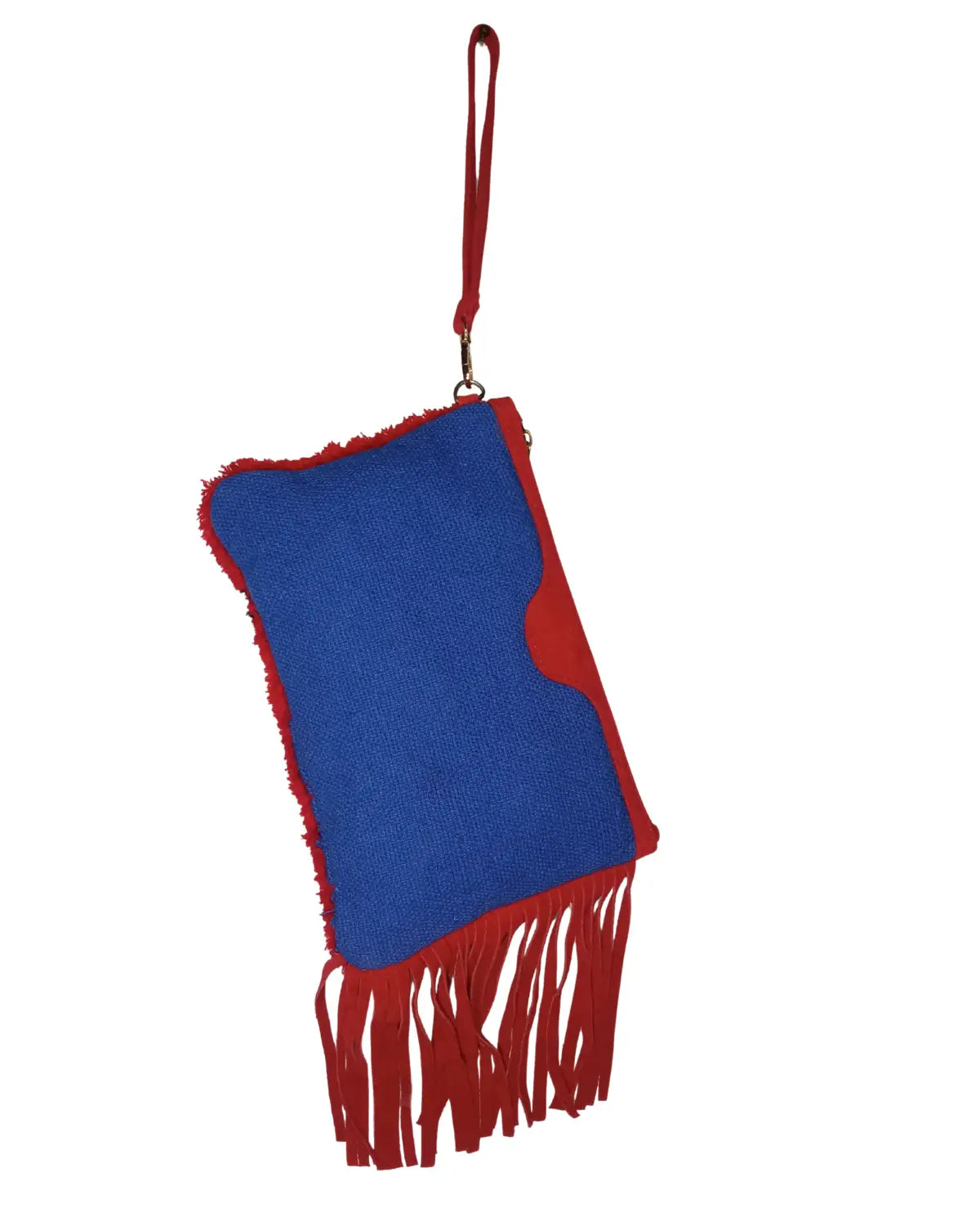 Blue pouch with red fringes and handle on a white background