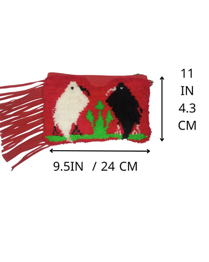 Red woven pouch with animal designs and measurements on a white background