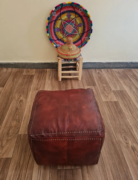 Brown Moroccan Leather Pouf – Minimalist, Earthy & Artisan-Crafted