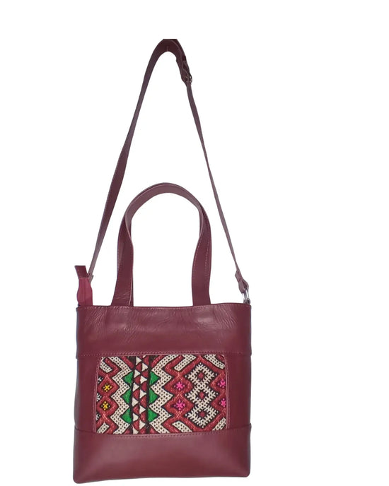 Burgundy Leather Bag, Convertible Tote, Crossbody Tote, Red Leather Handbag, Kilim Bag, One of a Kind Purse, Artisan Made, 