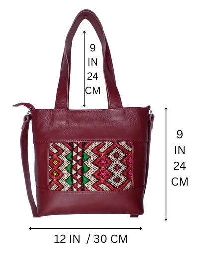 Burgundy Leather Bag, Convertible Tote, Crossbody Tote, Red Leather Handbag, Kilim Bag, One of a Kind Purse, Artisan Made, 