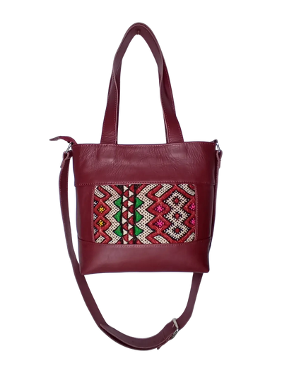 Burgundy Leather Convertible Tote, Handmade Artisan Kilim Shoulder Bag
