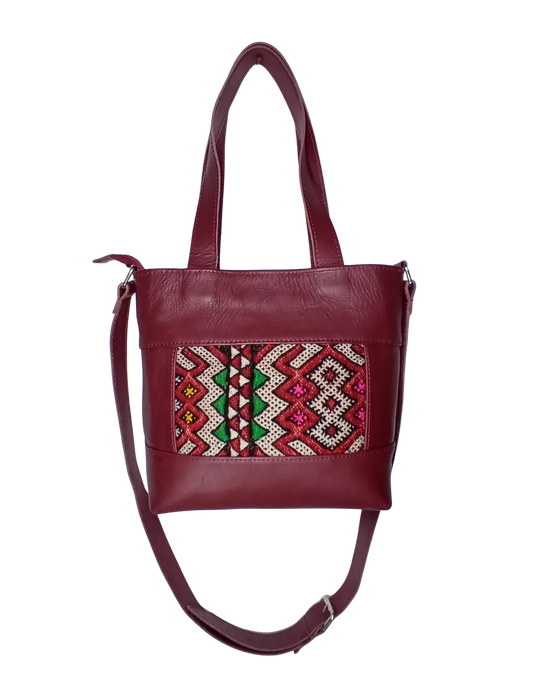 Burgundy Leather Convertible Tote, Handmade Artisan Kilim Shoulder Bag