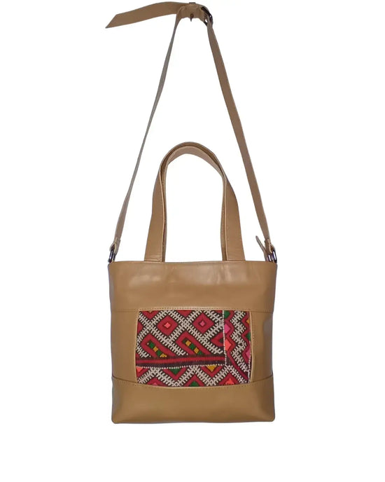 Caramel Leather Bag, Tan Leather Bag, Convertible Tote, Crossbody Tote, Kilim Bag, One of a Kind Purse, Artisan Made, Statement Bag, Brown Leather Tote, Camel Color Bag, Zipper Tote