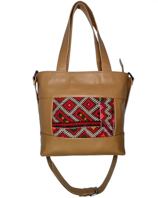 Caramel Leather Bag, Tan Leather Bag, Convertible Tote, Crossbody Tote, Kilim Bag, One of a Kind Purse, Artisan Made, Statement Bag, Brown Leather Tote, Camel Color Bag, Zipper Tote