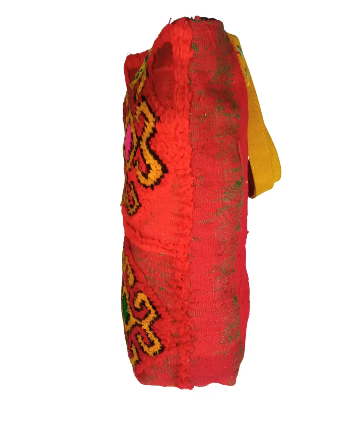 Red bag with colorful patterns on a white background