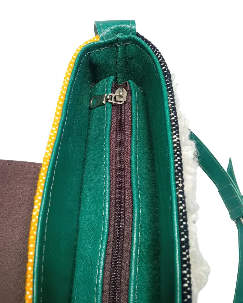 Fringe Crossbody Bag, Tassel Bag, Shaggy Bag, Woven Wool Bag, Teal Leather, Black and White Bag, Handmade Berber Bag, Embroidered Star, Artisan Made, Sustainable Fashion, Eco-Friendly, Boho Chic, Festival Fashion