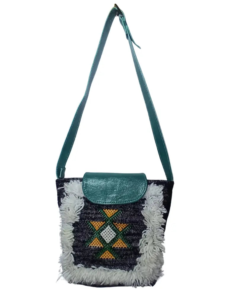 Fringe Crossbody Bag, Tassel Bag, Shaggy Bag, Woven Wool Bag, Teal Leather, Black and White Bag, Handmade Berber Bag, Embroidered Star, Artisan Made, Sustainable Fashion, Eco-Friendly, Boho Chic, Festival Fashion