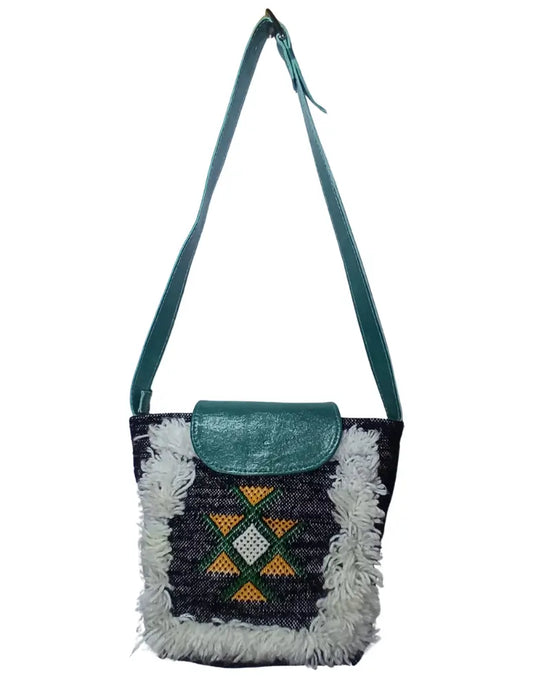 Fringe Crossbody Bag, Tassel Bag, Shaggy Bag, Woven Wool Bag, Teal Leather, Black and White Bag, Handmade Berber Bag, Embroidered Star, Artisan Made, Sustainable Fashion, Eco-Friendly, Boho Chic, Festival Fashion