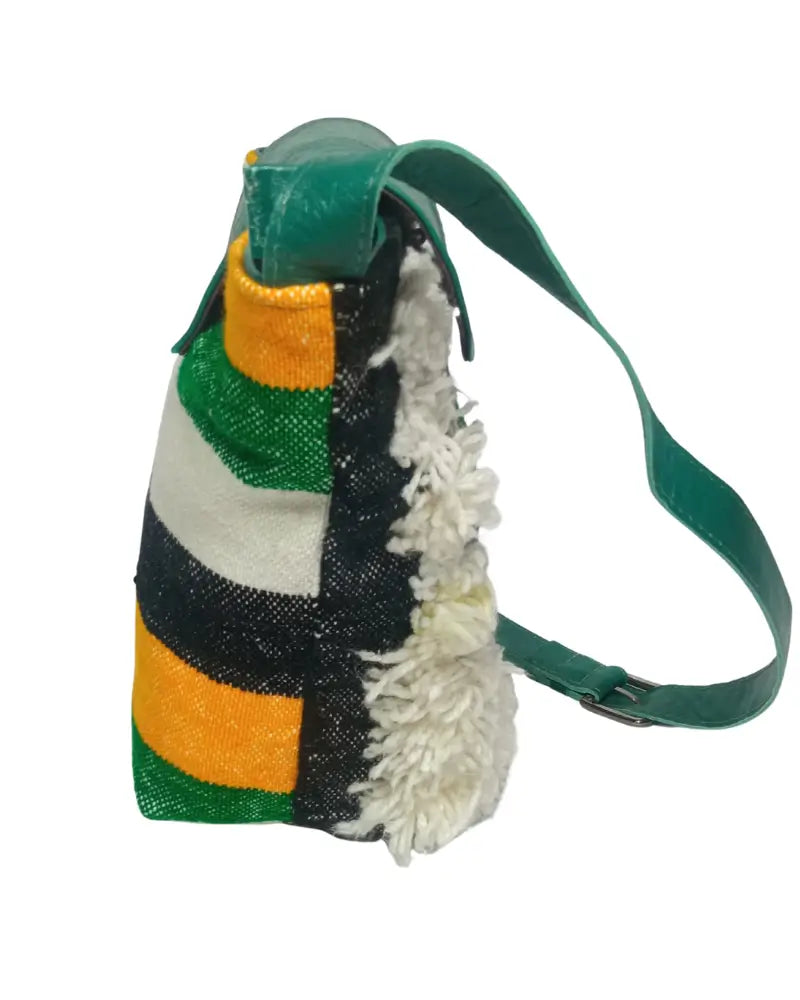 Fringe Crossbody Bag, Tassel Bag, Shaggy Bag, Woven Wool Bag, Teal Leather, Black and White Bag, Handmade Berber Bag, Embroidered Star, Artisan Made, Sustainable Fashion, Eco-Friendly, Boho Chic, Festival Fashion
