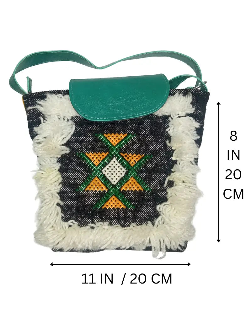 Fringe Crossbody Bag, Tassel Bag, Shaggy Bag, Woven Wool Bag, Teal Leather, Black and White Bag, Handmade Berber Bag, Embroidered Star, Artisan Made, Sustainable Fashion, Eco-Friendly, Boho Chic, Festival Fashion