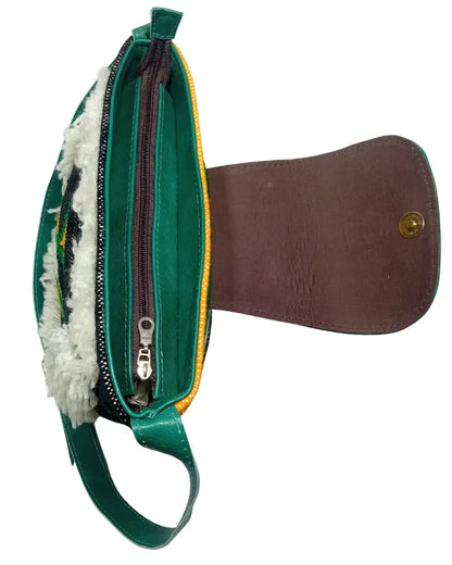 Fringe Crossbody Bag, Tassel Bag, Shaggy Bag, Woven Wool Bag, Teal Leather, Black and White Bag, Handmade Berber Bag, Embroidered Star, Artisan Made, Sustainable Fashion, Eco-Friendly, Boho Chic, Festival Fashion